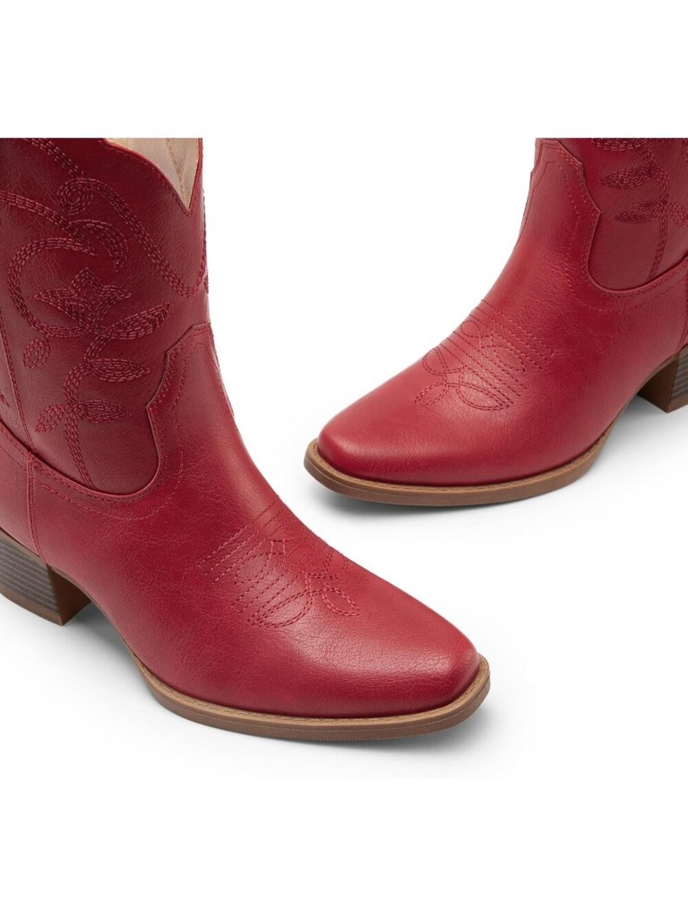 Women's Red Ankle Boots Square Toe Low Chunky Heel Embroidery Western Booties - Picture 5 of 6